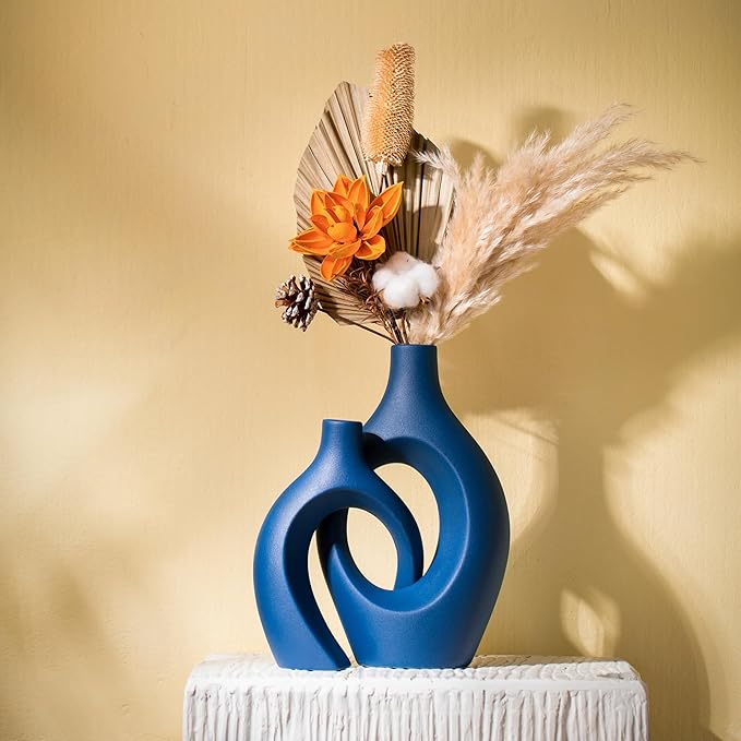 Snuggle Hollow Ceramic Vase Set of 2, 11 inch Hug Donut Modern Nordic Boho Style Vases for Home Decor Anthropologie Aesthetic Living Room Shelf Entryway Table Decorative (Navy Blue)