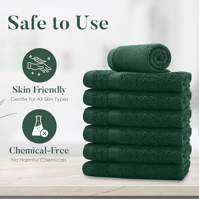 DAN RIVER 12-Pack Premium 100% Cotton Huntergreen Face Towels – Reusable Face Towel Set, Soft & Absorbent Cleaning Rags for Bathroom & Body – Hand and Face Towels, 550 GSM (12x12 in)