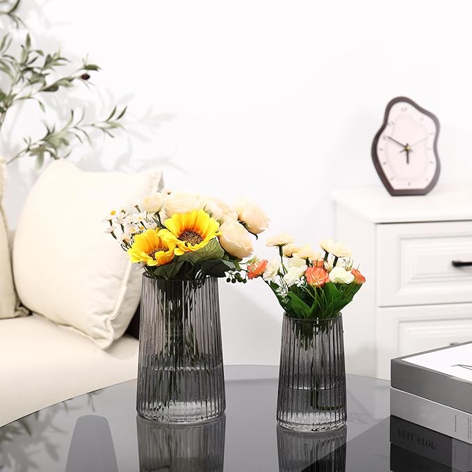 Ribbed Flower Vases Set of 2, Black Vases for Flowers, Flower Vase for Bouquet, Modern Ribbed Glass Vase for Living Room, Bedroom, Dining Table, Office, Wedding, Centerpieces