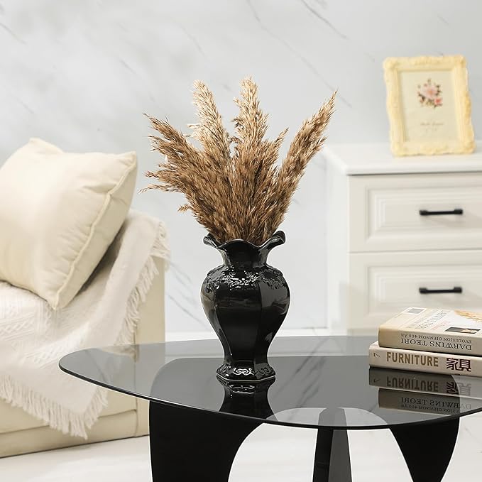 Black Ceramic Vase, Decorative Vase for Modern Home Decor, Farmhouse Minimalist Decor, Boho Flower Vases for Living Room, Bedroom, Kitchen, Dining Table, Office, Wedding, 8.5 Inches