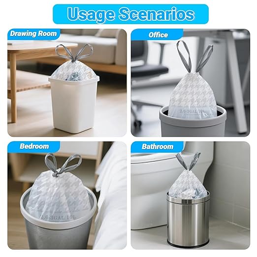 OKKEAI 2.6 Gallon Trash Bags White Drawstring Small Bathroom Garbage Bags – 90 Count Tear-Free, Heavy Duty Printed Liners, Leak-Proof White Trash Bag for Kitchen, Office, Multipurpose Use