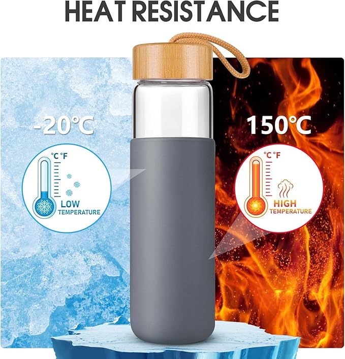 25 Oz Borosilicate Glass Water Bottles with Silicone Sleeve BPA Free, Dishwasher Safe - Reusable Clear Glass Drinking with Leak Proof Bamboo Lid | Perfect Gym Water Bottles for Men & Women