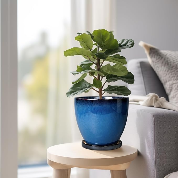Ceramic Planters for Indoor Plants - 6.8 Inch Plant Pot with Drainage Hole and Saucer Round Modern Planter Home Garden Patio Decor Blue