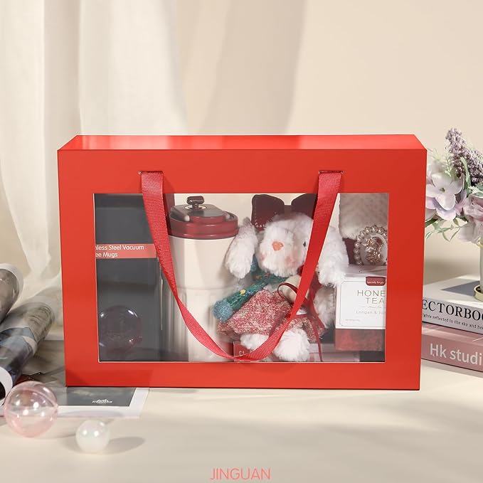 JINGUAN Large Red Clear Gift Boxes, 13.5x9x4.1 Inches Gift Boxes with Windows by Handles, Bridesmaid Proposal Boxes, Collapsible Gift Boxes with Magnetic Closure (Glossy Red, 5 Pack)