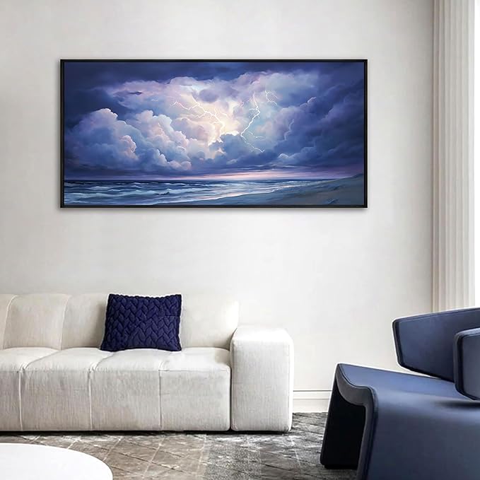 yiijeah Living Room Wall Decor - Modern Wall Art for Bedroom Office Decor Abstract Thundercloud Beaches Coast Painting Framed Canvas Prints Ready to Hang Wall Pictures Home Decor