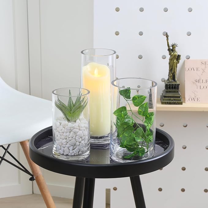 4" Wide 10" High Large Hand Blown Sturdy Clear Cylinder Glass Vase, Centerpiece Flower Vase for Rose, Tulip, Boquets, Hurricane Candle Holder (1, 4"x10")