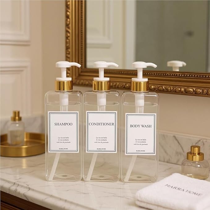 Modern Gold Design 27 oz Shampoo and Conditioner Dispensers - Plastic Refillable Pump Bottle Set for Bathroom Shower Soap Dispenser, Gift Box Included, Set of 3 (Clear & White)
