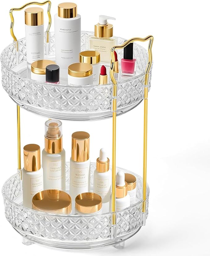 360 Rotating Makeup Organizer for Vanity, 2Tier Adjustable Perfume Organizer for Dresser, Multi-Function Spinning Cosmetics Skincare Storage for Bedroom, Dresser, Countertop, Clear