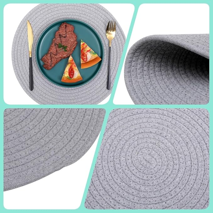 4 Pack Woven Placemats, 13.8 inches Round Plate Chargers Grey Thick Placemat Set Cotton Rope Braided Tablemats Rattan Mats Rustic Weave Placemats for Table Decoration