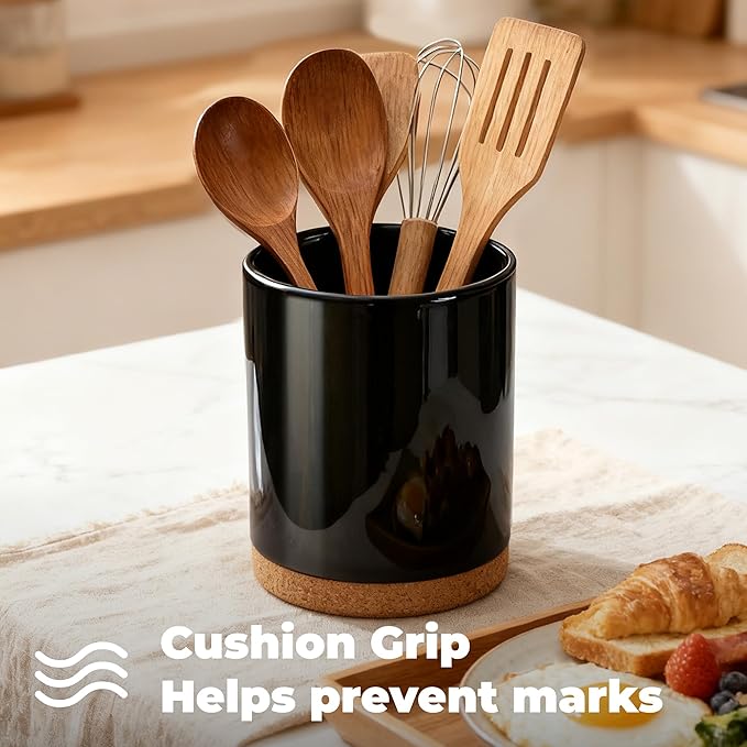 Ceramic Kitchen Utensil Holder for Countertop, Modern Crock with Non-Slip Cork Base, Counter Organizer for Cooking Tools 、Black