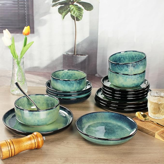 Ceramic Dinnerware Set(16 pcs) Serve 4 people, Plates & Bowls Sets, Reactive Glaze Dishes Set, Chip Resistant and Scratch Resistant, Dishwasher, Microwave Safe, Suitable for dinner, party