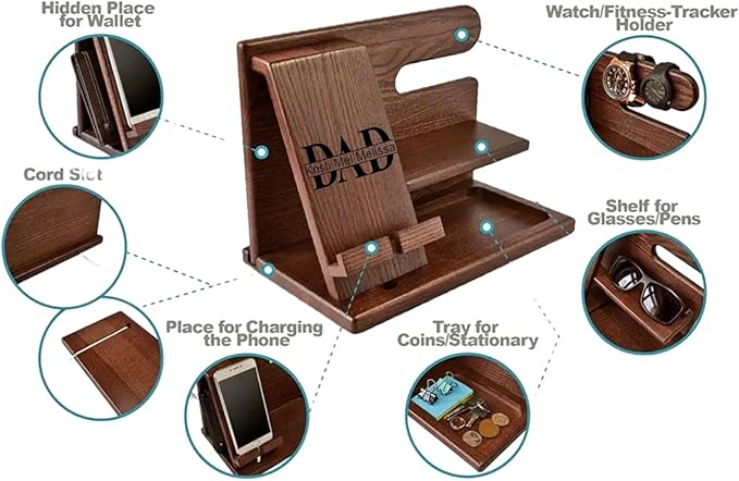 Bedside Organiser Wood Phone Docking Station Key Holder Wallet Stand Watch Organizer Valentines Gifts for Him Wooden Organiser