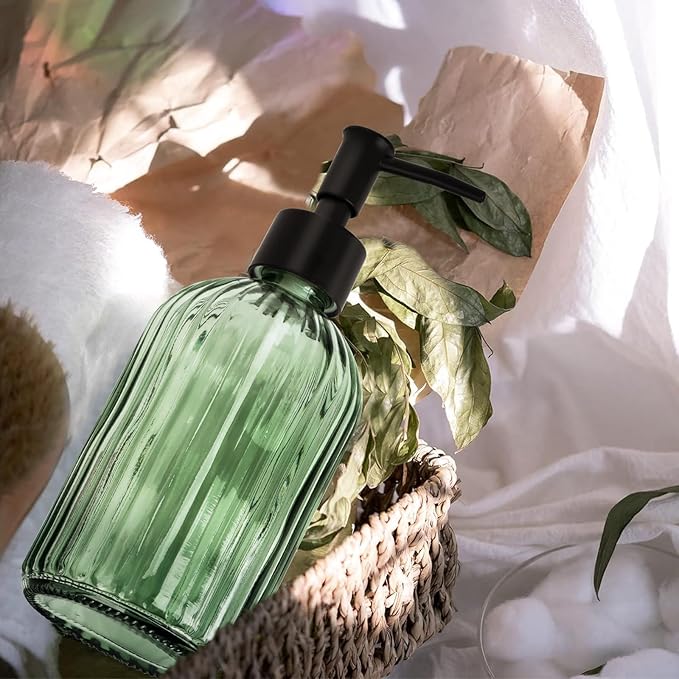 Glass Soap Dispenser with Plastic Pump, Hand Soap Dispenser for Hand Wash, Lotion Dispenser for Dishwashing Liquid, Lotion Shower Gel (Green)
