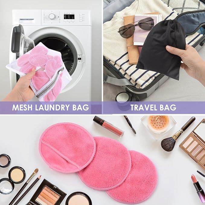 SUNLAND Reusable Makeup Remover Pads for Face,Eye,Lips 16 Pack Microfiber Face Cleansing Gloves Washable with Laundry Bag and Travel Bag Rounds Toner Pads（Round 3.15inchx16 Pink）