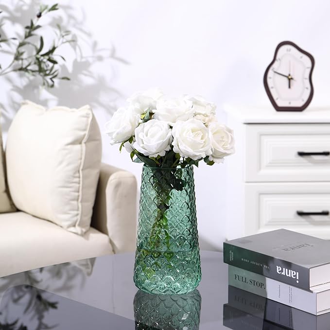 Glass Vase, Green Flower Vase for Bouquet, Large Glass Vases for Flowers, Modern Vases for Living Room, Bedroom, Dining Table, Office, Kitchen, Wedding, 9 Inches