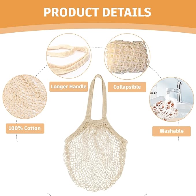 Zyzhogar 3 Pack Cotton Mesh Grocery Bags,Reusable Grocery Net Bags Washable Fruit and Vegetable Storage Bag Long Handle Net Tote Shopping Bags for Farmers Market, Grocery,Shoping or Trip,Beige