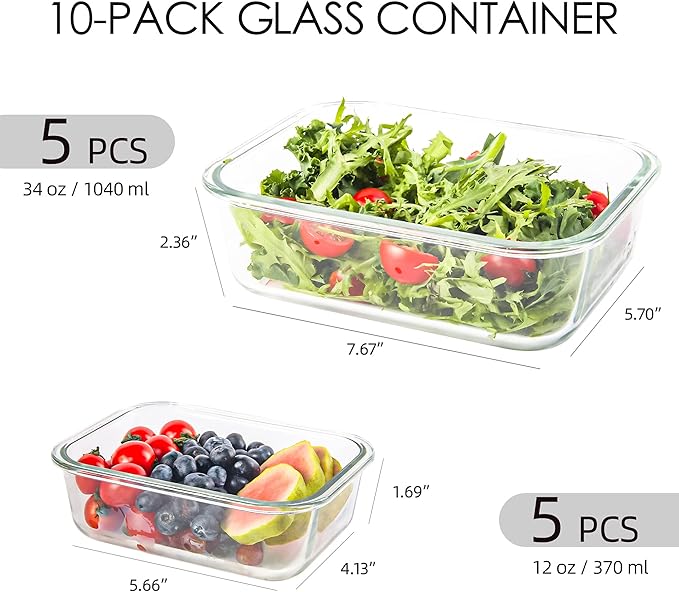 10 Pack Glass Food Storage Containers with Lids, Reusable Meal Prep Containers for Lunch, Airtight Glass Container Sets with Lids, Leak Proof, Microwave & Freezer Safe (34oz & 12oz)