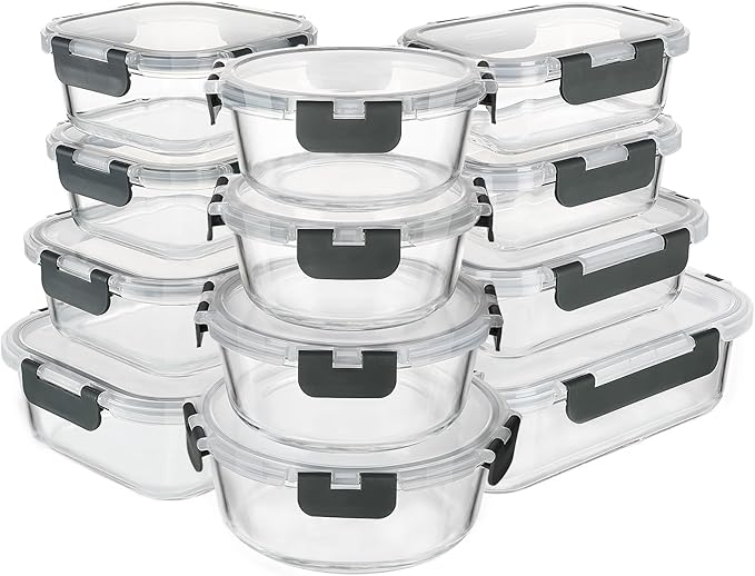KAMOTA Glass Food Storage Containers, Grey Glass Meal Prep Containers, Airtight Containers with Snap-Lock Lids, Set of 12, for Microwave/Oven/Freezer/Dishwasher