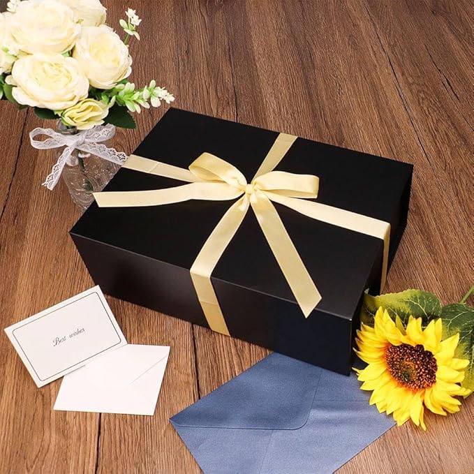 UoeRing 1 Pcs Black Gift Box,11.5x8x4 Magnetic Gift Box for Presents with Lids Rectangle Collapsible for Bridesmaid Proposal Box,Wedding,Christmas,Birthday Gift Packging with Ribbon Card Envelope
