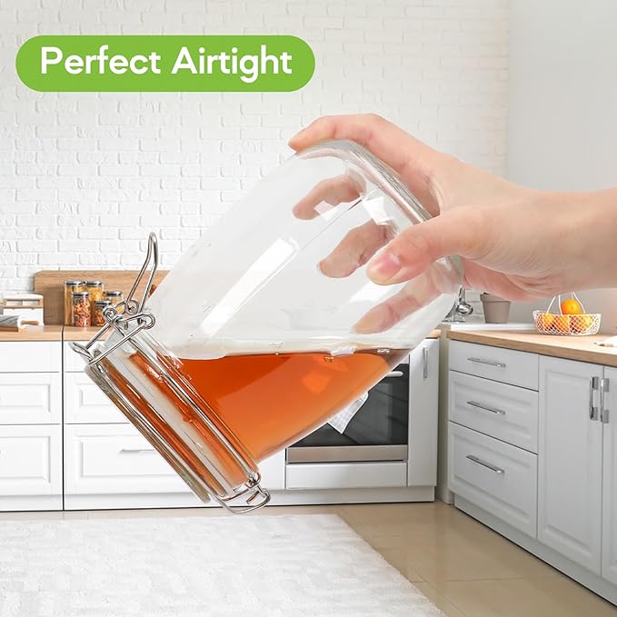 EkkoVla 34 oz Glass Food Storage Jars with Airtight Clamp Lids, Set of 3 Kitchen Canisters, Round Mason Jars Containers for Pasta, Coffee, Candy, Flour, Cereal, Dog Treats, Snacks and Canning