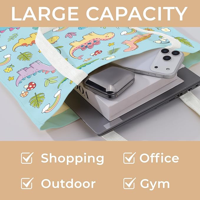 Cute Aesthetic Canvas Tote Bag for Women, Reusable Foldable Shopping Cotton Shoulder Totebag with Zipper Pocket