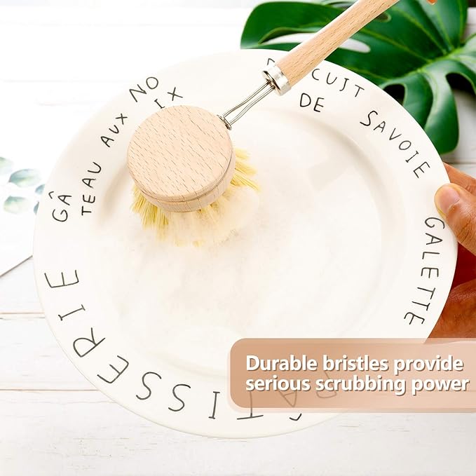 Boao Dish Brush with Beechwood Handle with 2 Replacement Heads Natural Wood Dish Scrub Brush for Washing and Cleaning Pots and Pans