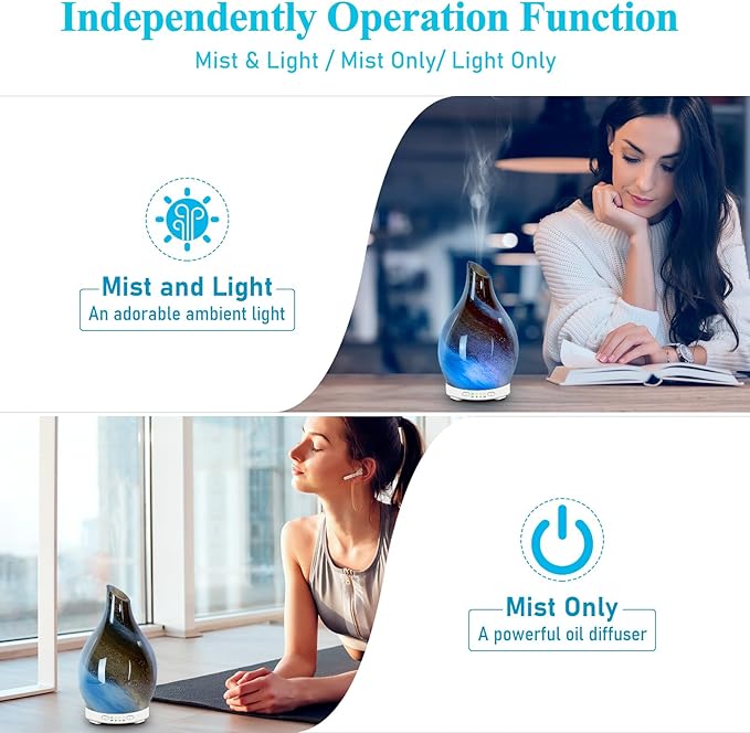 Essential Oil Diffuser 120ML, Glass Aromatherapy Diffuser with 4 Timer Settings & 7 Color Changing Lights, Waterless Auto Shut-Off, Ultra Quiet Oil Diffuser for Home, Office, Yoga, Spa and Sleeping