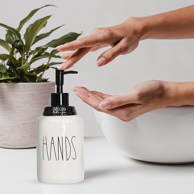 Modern Farmhouse Ceramic Dishes and Hands Soap Dispenser Set for Kitchen | Stainless Steel Pumps | 14oz, White Bottles | Kitchen Décor for Counter