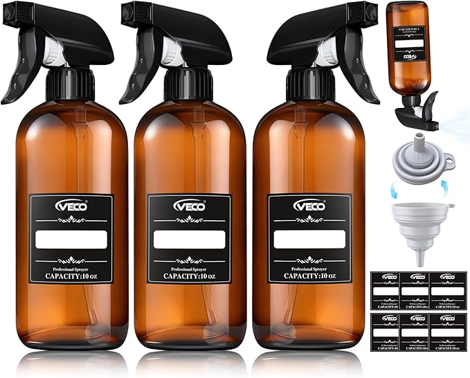 Veco 10oz Spray Bottle with Adjustable Nozzle, 360° Water Spray Bottles for Cleaning Solution, Plastic Spray Bottles for Hair Cooking Plant Pet, No Leak and Clog (3 Pack & Foldable Funnel), Brown