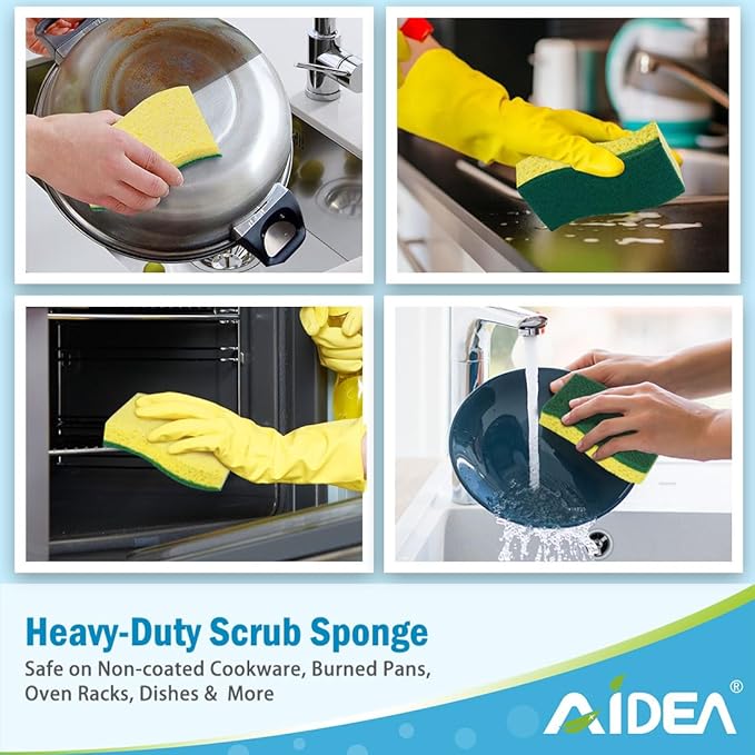 AIDEA Sponges Kitchen, 9Count, Dish Sponges, Heavy-Duty Sponge for Non-Coated Cookware, Scrubbing Power for Tough Messes, Cleaning Sponge for Kitchen, Bathroom, Household