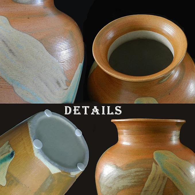 Terracotta Pottery - 8.8" Unique Decorative Vintage Vase, Green Glazed Earth Yellow Boho Neutral vase Home Decor, Wide Mouth Ceramic Farmhouse Flower Vases for Living Room, Kitchen Decor