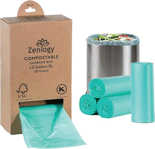 Zenlogy Compostable 1.2 Gallon Garbage Bag, Eco Friendly Small Trash Bags, Mini Biodegradable Waste Basket Bin Liners for Bathroom & Office, 125 Count