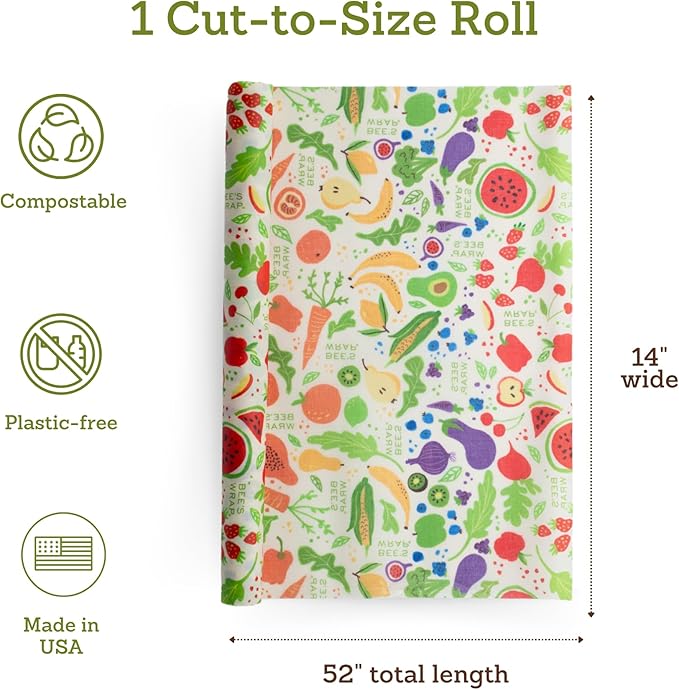Bee's Wrap Beeswax Wraps for Food - Cut to Size 14x52" Wax Paper Roll - Made in USA Reusable Waxed Paper & Bowl Covers - Organic & Eco-Friendly Alternative to Aluminum Foil, Garden Party