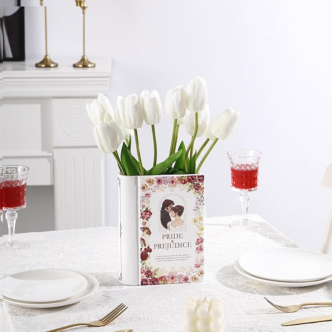 Ceramic Book Vase for Flowers, Book Flower Vases White, Book Shaped Vase, A Book About Flowers Vase, Decorative Ceramic Vases for Home, Office, Dining Table(Pride)