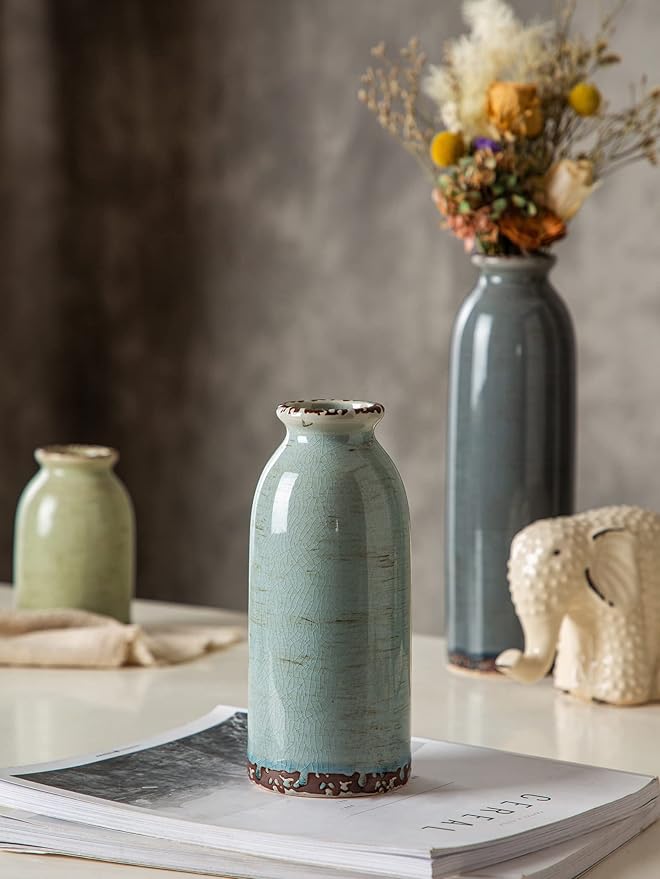 CWLWGO-Ceramic Vase Set of 3, Small Vases for Modern Farmhouse Decoration, Living Room Accents & Dining Table Centerpieces,Idea Bookshelf Décor, Mantel and Entrance Decorations -Multicolor.