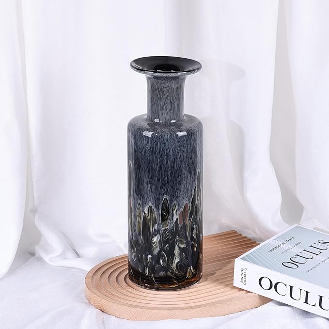 Blown Glass Cylindrical vase, Modern Art Glass Tall vase for Home Decoration Table Centerpiece, Wedding, Living Room Coffee Table, entryway Entry Table top, TV Cabinet Decoration and Ornament. (Grey)