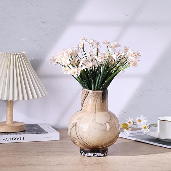 Gray Hand Blown Glass Wide Mouth vase for Home Decoration Short Round Glass vase for Living Room, Dining Table, Bookcase, TV Cabinet, Bookshelf and Office Desktop Decoration.