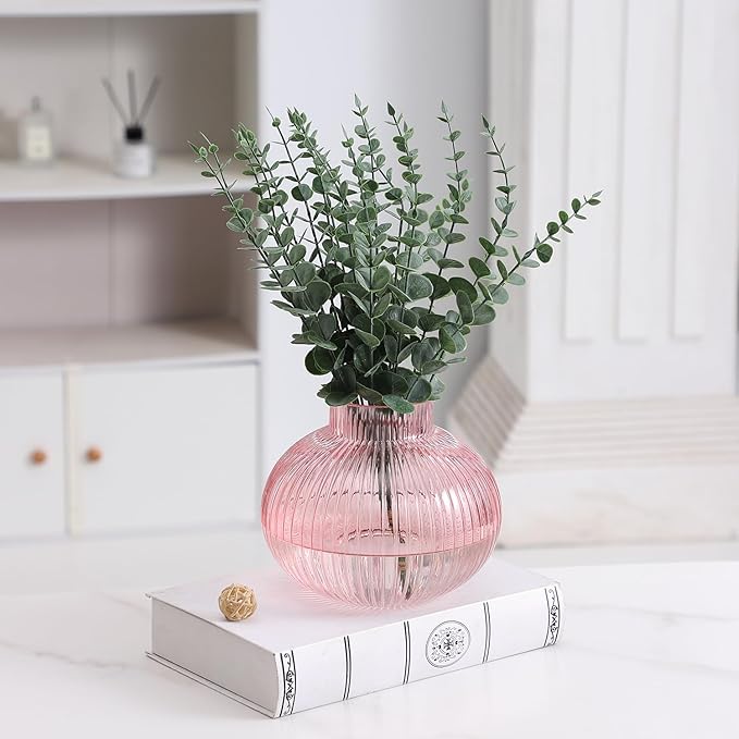Pink Glass Vase for Flowers, Ribbed Glass Vase, Round Flower Vases for Tulips, Short Vases for Living Room, Office, Coffee Table, Shelf, Wedding, 6 Inches