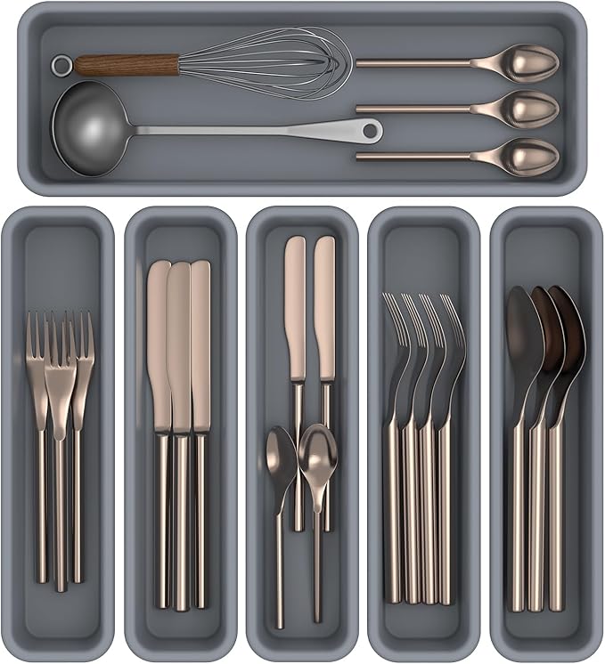 6 Pack Silicone Drawer Organizer for Kitchen, DIY Free Combination Silverware Organizer, Utensil Drawer Organizer, Moisture-proof and Heat-resistant up to 200°C, Anti-slip and Environmentally (Grey)