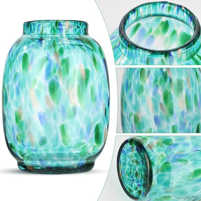 Blown Glass vase, Green Round Mouth vase, Modern Glass Art vase, Living Room Decorative vase for Living Room, Kitchen, Wedding, Dining Room Table, Office Centre Table with Flowers