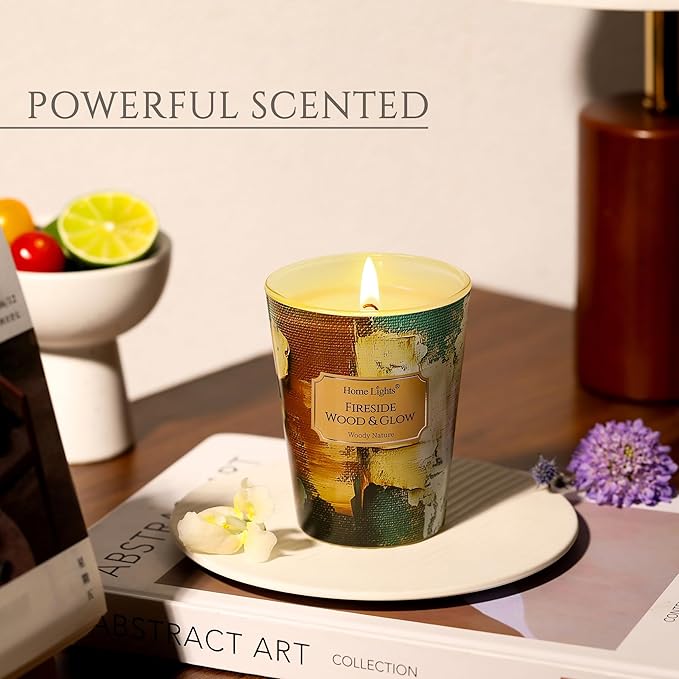 HomeLights 1-Wick Candles for Home Scented - 6.7oz Soy Wax Blend Candle Long-Lasting Fragrance, Industrial Chic Home Decor and Housewarming Gifts, Fireside Wood & Glow