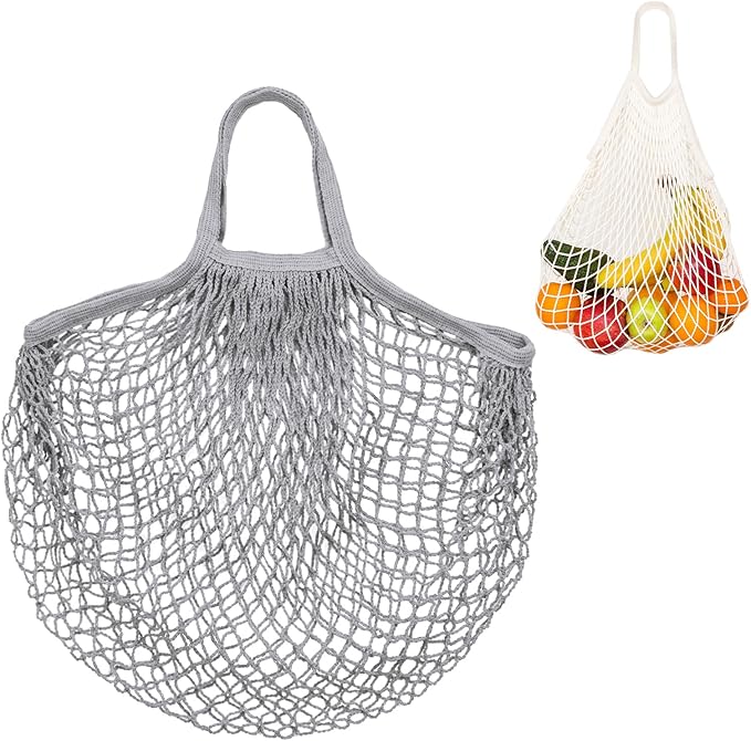 1-Pack Cotton Mesh Bag, Reusable Washable Mesh Net String Grocery Bags, Reusable Produce Bags with Handle, Net Tote Bag for Fruits/Vegetables Shopping [Gray, Short Handle]