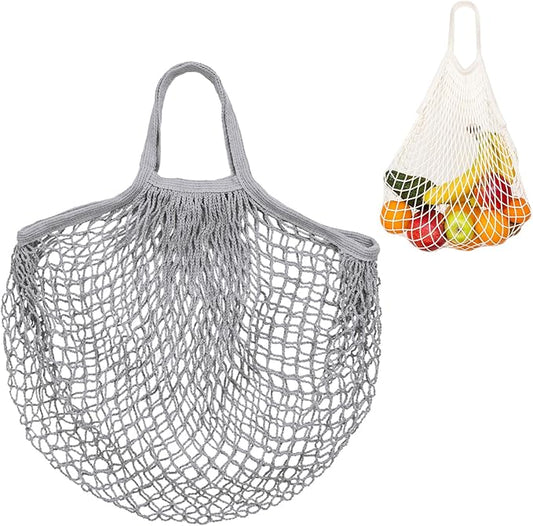 1-Pack Cotton Mesh Bag, Reusable Washable Mesh Net String Grocery Bags, Reusable Produce Bags with Handle, Net Tote Bag for Fruits/Vegetables Shopping [Gray, Short Handle]