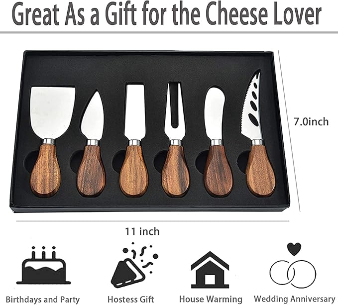 Cheese Knives with Cheese Slicer Cheese Cutter Cheese Fork,Cheese Spreading Knife for Charcuterie Boards and Cutlery Gift Set,6 Pieces Cheese Knife Set with Bamboo Wood Handle Steel Stainless