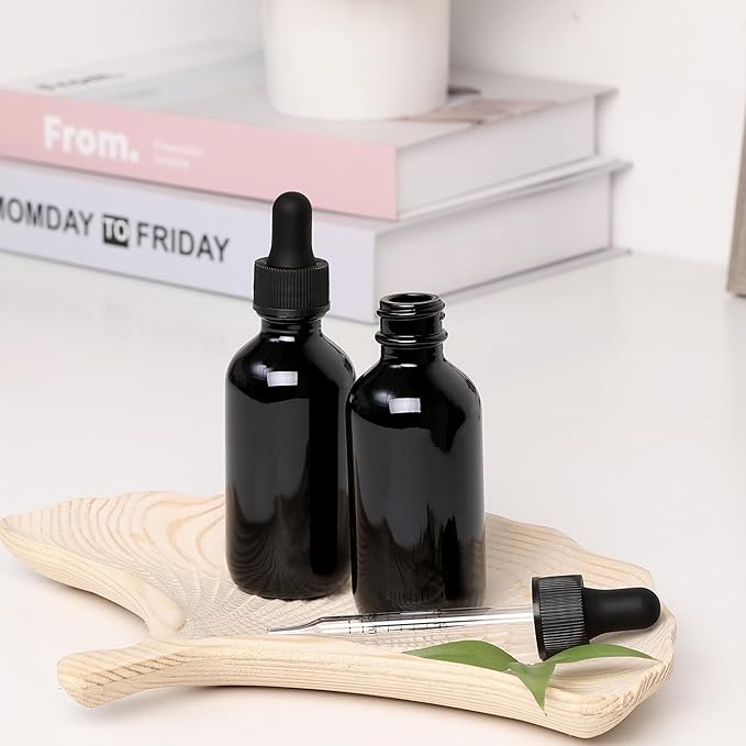 2oz Glass Dropper Bottle,Preety Texture Tincture Bottles with Precise Scales Eye Droppe,for All Kinds Of Mixed Liquids,Leak-Proof Design for Easy Travel (Black-48Pack)