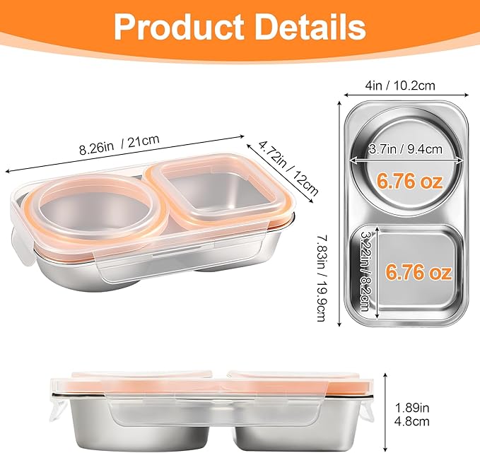 Stainless Steel Snack Containers, 6.5oz 2 Compartment Snackle Box with Lids Airtight, Leakproof Bento Box Metal Lunch Container Reusable Food Storage for Travel, Picnics (Orange)
