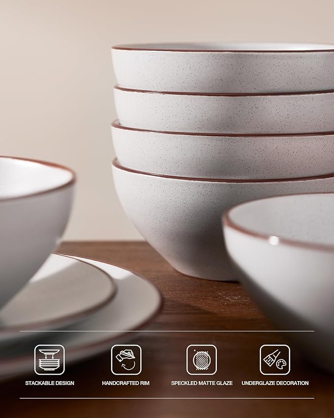 Famiware Venus Plates and Bowls Sets, 12 Pieces Stoneware Speckled Dinnerware Sets, Dishes Set for 4, Microwave and Dishwasher Safe, Matte Light Grey