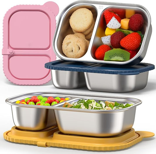 3 Pack Stainless Steel Snack Containers with Silicone Lids, Meal Prep Containers, Reusable 2 Compartment Food Storage Containers, Stainless Steel Box for Lunch, Office, Travel