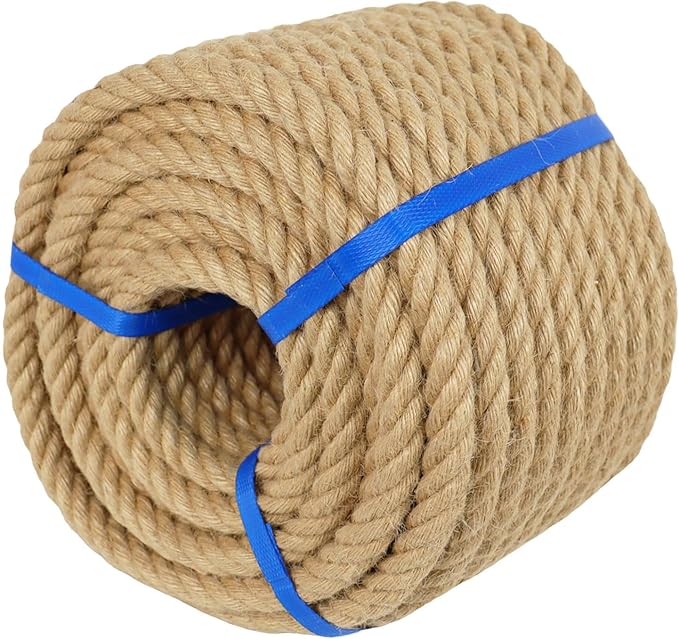 3/4 Inch Natural Jute Rope, 100 Feet Thick Hemp Rope, 4 Strands Twisted for Crafts, Railings, Hammock, Nautical, Home Decorating, Indoor/Outdoor Use
