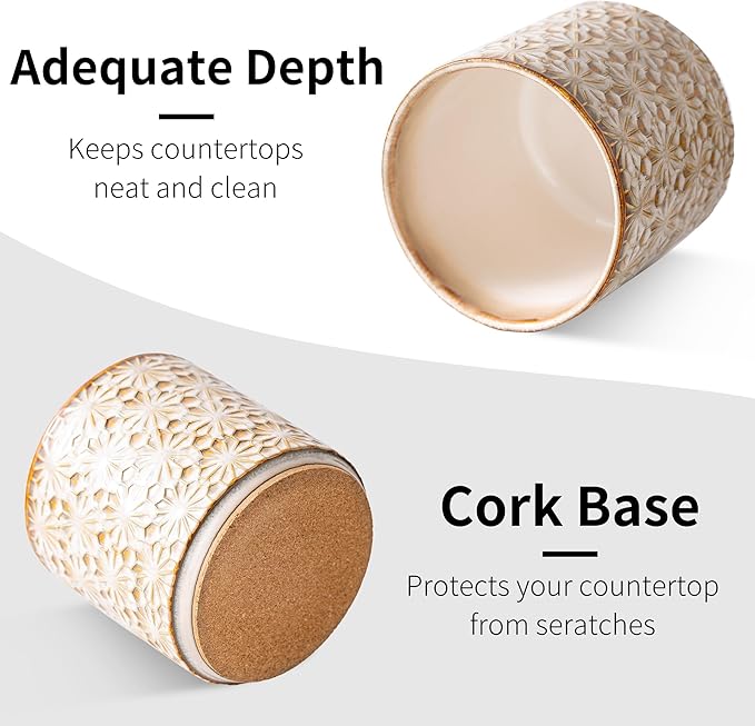 Utensil Holder Rustic Farmhouse Ceramic Utensil Crock for Countertop - 5.3" Handcrafted Kitchen Cooking Utensil Crocks with Cork Base, Natural Finish for Kitchen Tools Storage